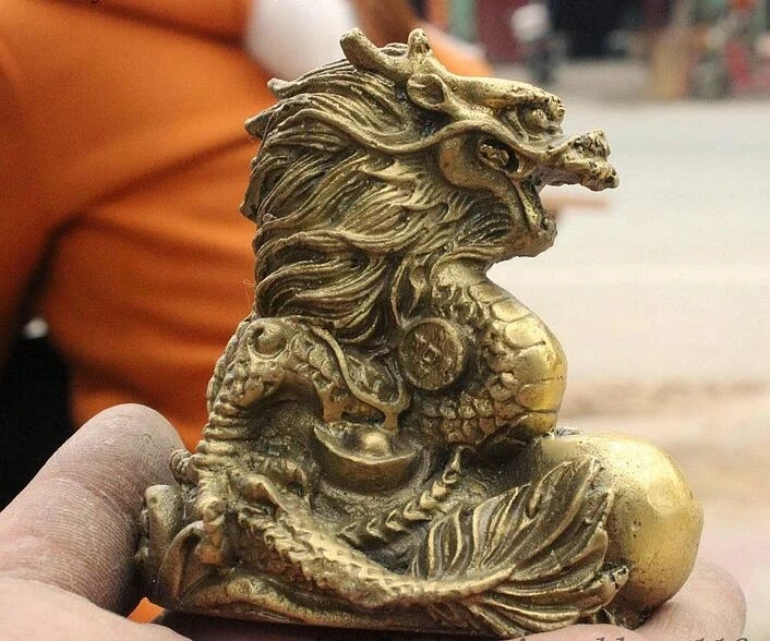 

Folk Chinese Fengshui Brass Yuanbao Money Dragon Play Ball Lucky Statue Figurine