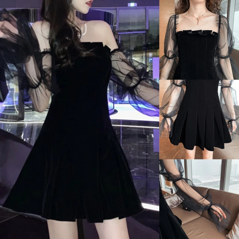 

Gothic Sexy Dress Vintage Off Shoulder Lanter Sleeve Mesh Patchwork Velvet Mini Dress Dark Street Black Dress For Female