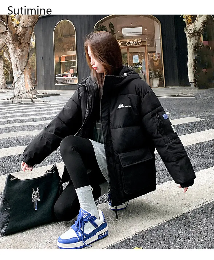 College Style Short Hooded Korean Version Loose Thickened Cotton Padded Jacket Office Lady Black Winter Coat for Women