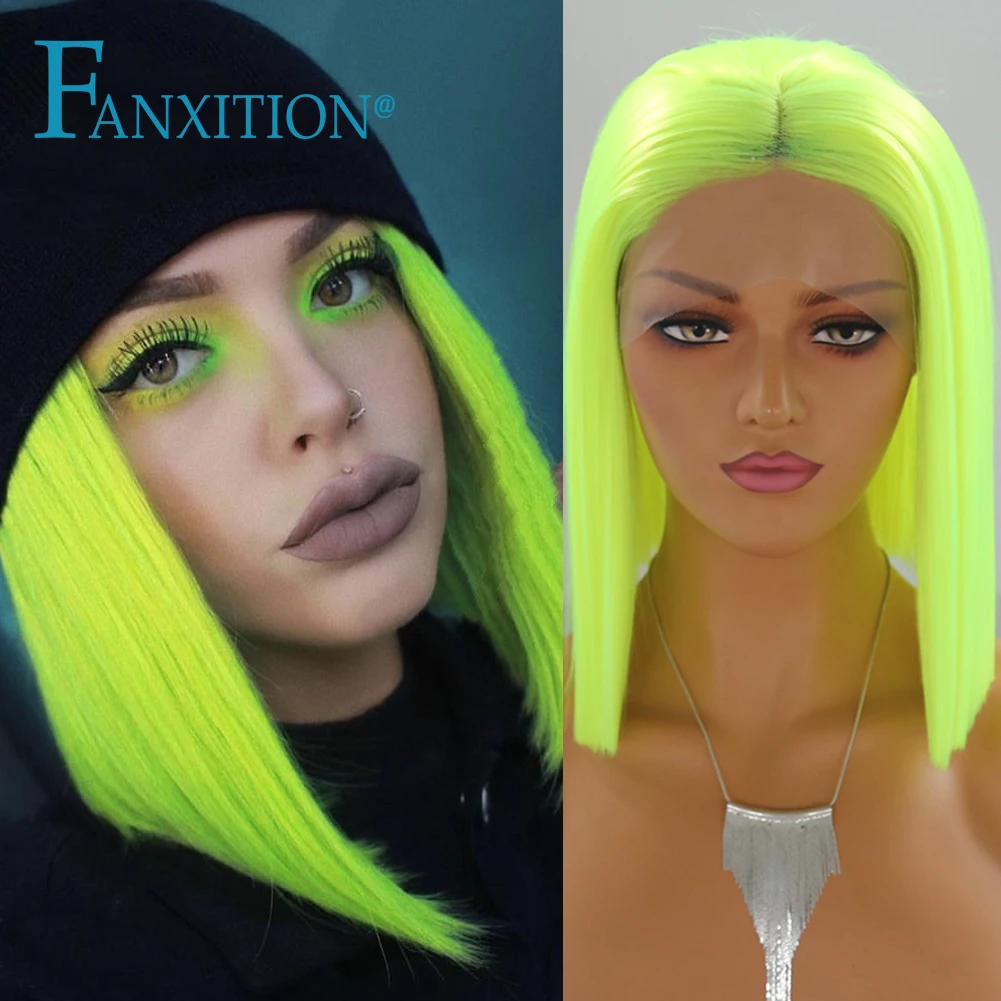 

FANXITION Short Synthetic Wigs Cosplay Fluorescent Green Color Straight Lace Front Wig With Baby Hair Pre Plucked With Baby Hair