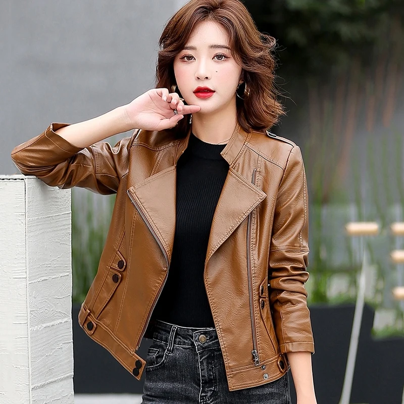 New Women Leather Jacket Spring 2022 Cool Fashion Moto&Biker Style Outerwear Stand Collar Short Leather Sheepskin Coat