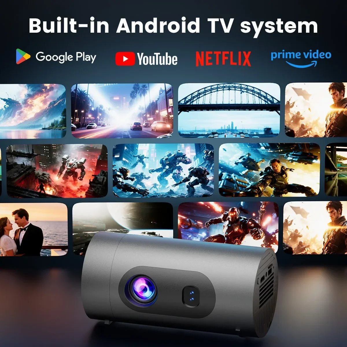 Фото Проектор Q8 на Android с WiFi6, умный мини-проектор, совместимый с 4K, с автофокусом, встроенным динамиком, для просмотра фильмов на открытом воздухе. №5