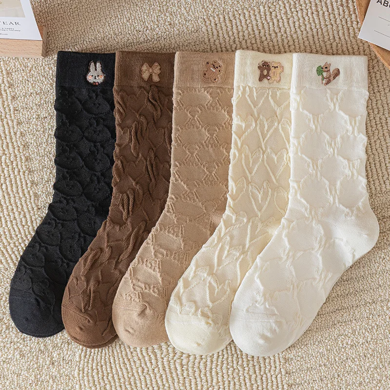 

5 Pair New Harajuku Retro Women Cartoon Embroidery Cotton Long Socks Japanese Style Designer Christmas Cute Students Stockings
