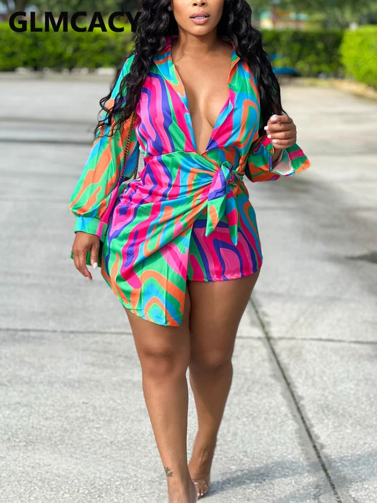 

Women Long Sleeve Printed Turn Down Collar Wrapped Mini Shirt Dress