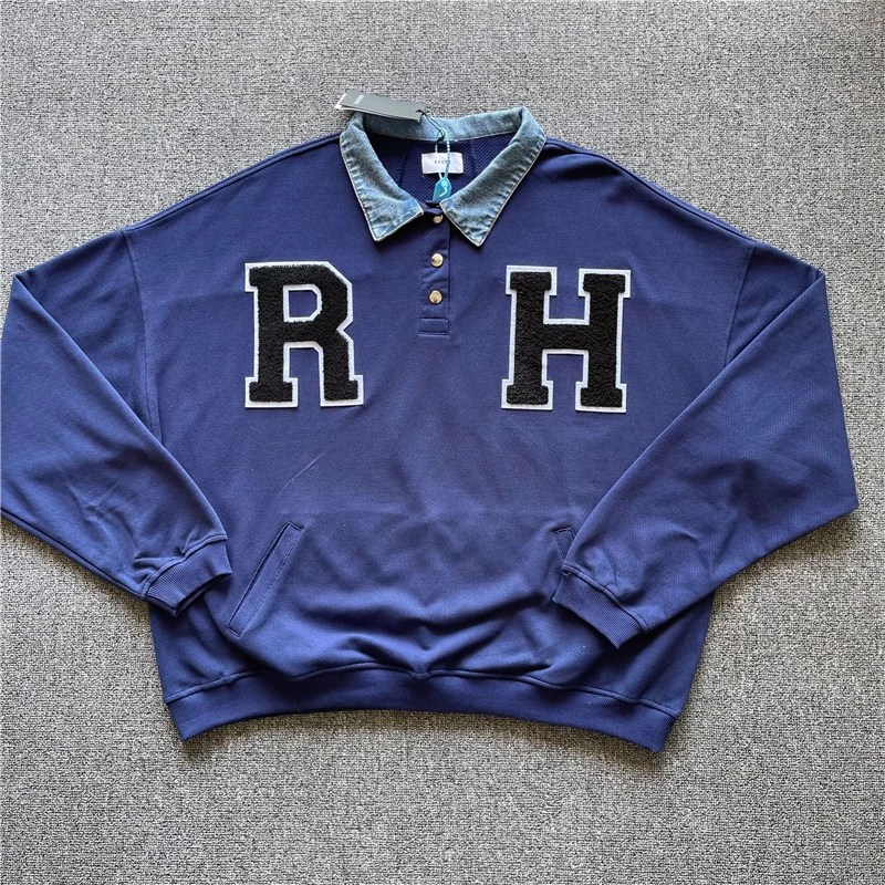 Sudadera con cuello de botón de vaquero para hombre y mujer, jersey con parche bordado de alta calidad, con Logo RH