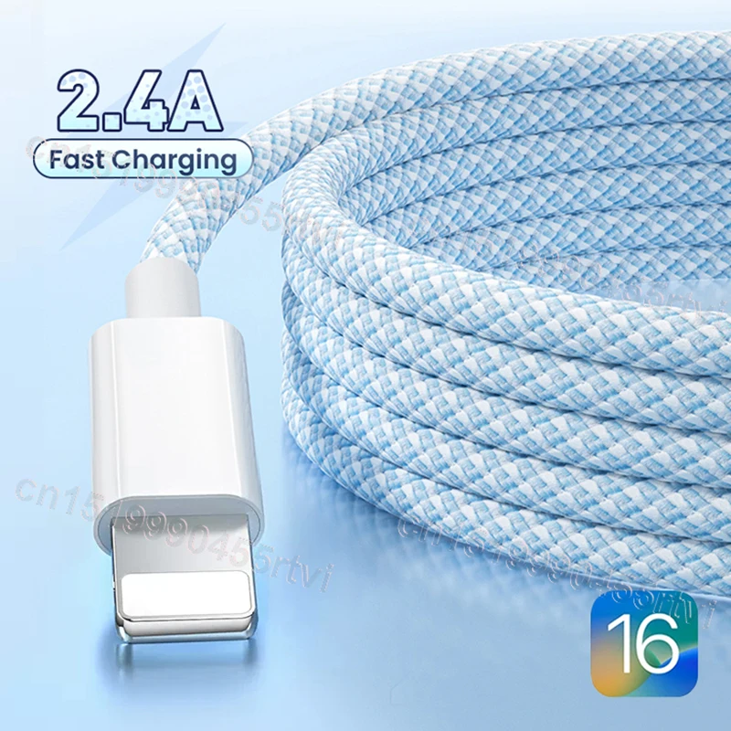2.4A USB Fast Charging Cable For iPhone 14 13 12 11 Pro Max XS 6s 7 8 Nylon Braided Mobile Phone Charger Cord Data Cable Wire
