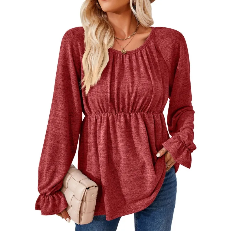 

Женская Винтажная футболка с длинным рукавом, Повседневная модная Однотонная футболка в стиле пэчворк, с круглым вырезом, Новинка осени 2023, свободные футболки