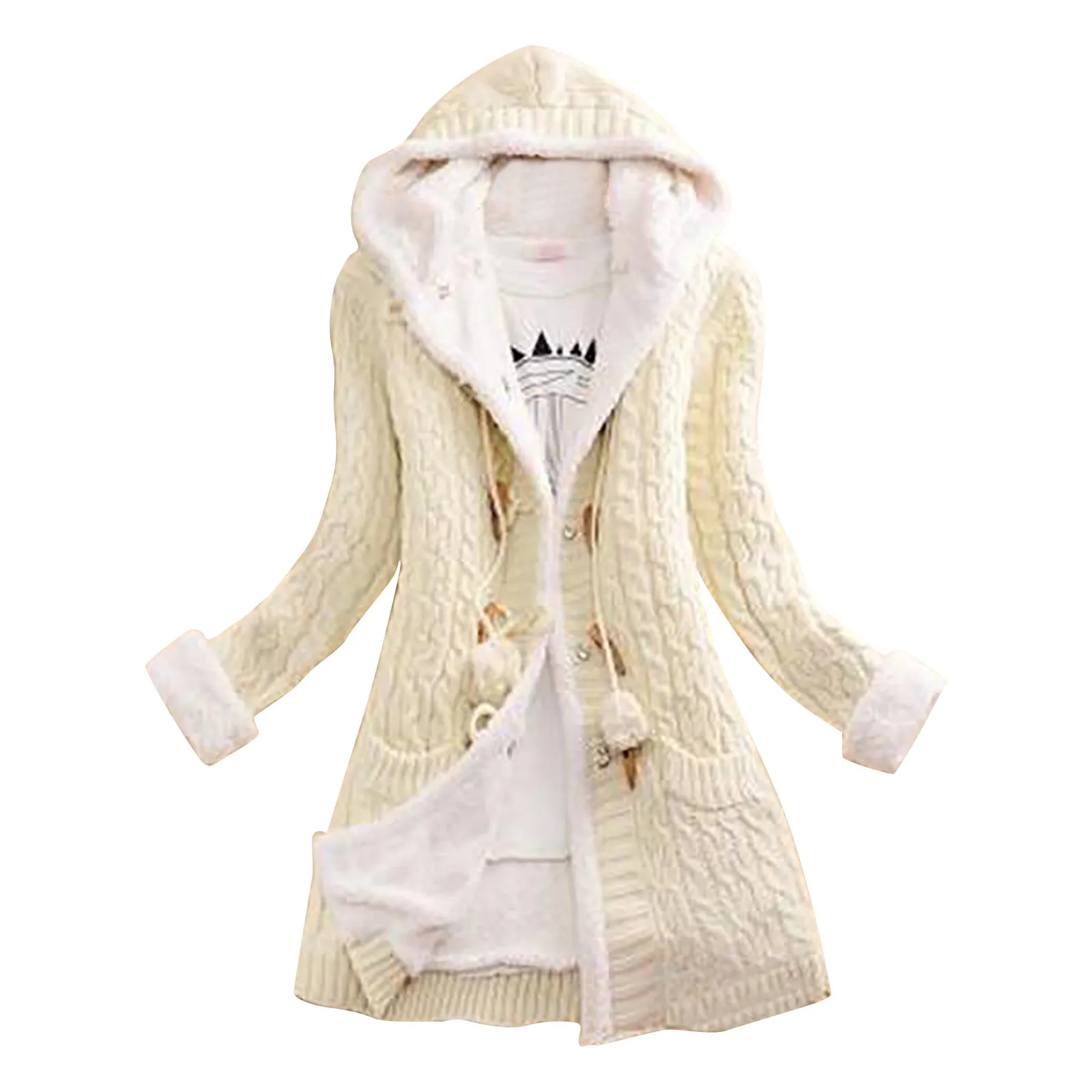 

2022 New Lady Winter Hooded Fleece Liner Cardigan Knitted Sweater Coat Women Thick Warm Long Sleeve Knit Weave Long Jacket Tops