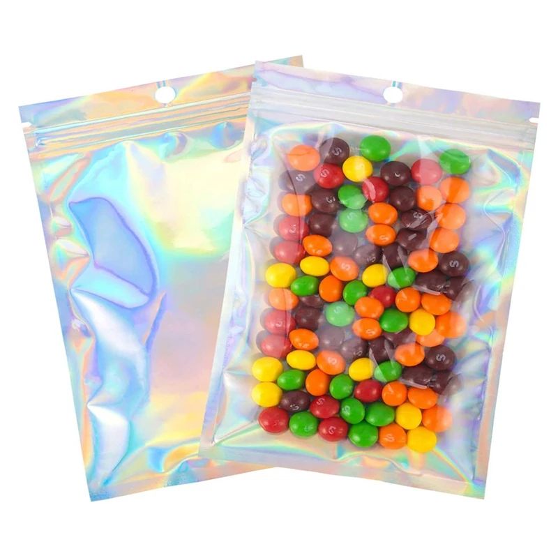 

100 Pcs Resealable Sealed Bags For Party Favor Food Storage (Holographic Color, 4X6 Inch And 7X10 Inch)