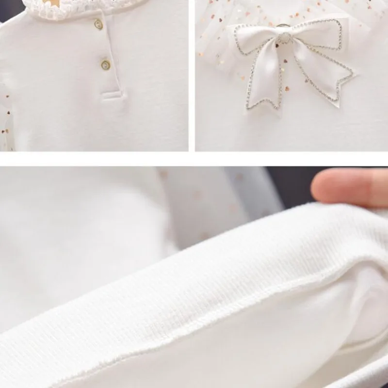 White Bow Lace Long Sleeve Shirts Kids Pullover Tops Children Clothes 3-12 Years Spring Autumn Toddler Teen Girls Cotton Blouse enlarge
