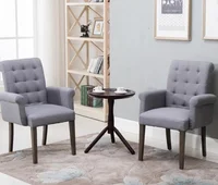 Fabric Tufted Dining Chair Accent Chair Armrest Solid Wood Legs Grey Living Room Furniture - Set of 2