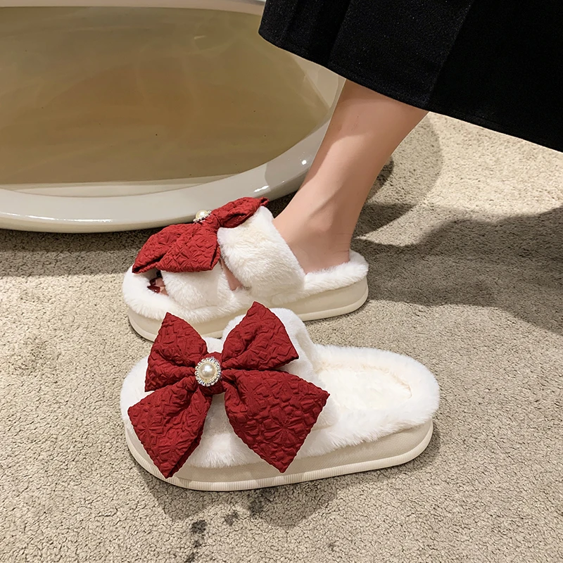 

Fur Shoes Butterfly-Knot Slippers Casual Slipers Women Flock Med Platform Slides Plush Luxury 2022 Massage Flat PU Rome Fabric R