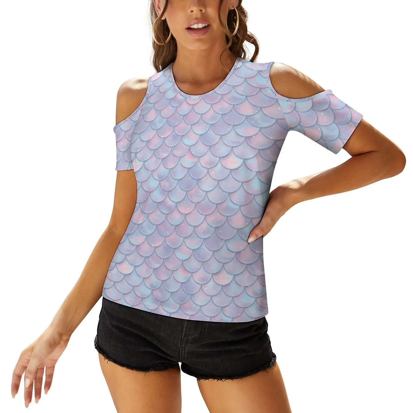 

Pink Mermaid Scale T-Shirt Fantasy Print Off Shoulder Funny T Shirts Short-Sleeve Casual Print Tshirt Summer Clothes Big Size