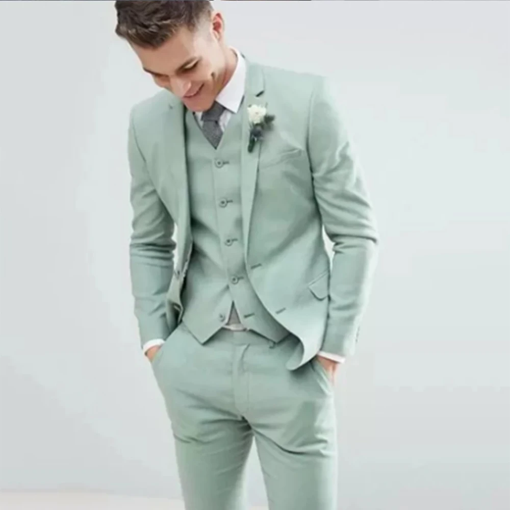 Light Green Men Suits Wedding Tuxedos Notched Lapel Fashion Groom Formal Wear Slim Fit Blazer Jacket+Pant+Vest Costume Homme