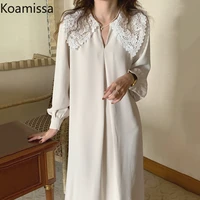koamissa chiffon women elegant loose maxi dress solid peter pan collar chic korean dresses fashion lady all match ropa mujer