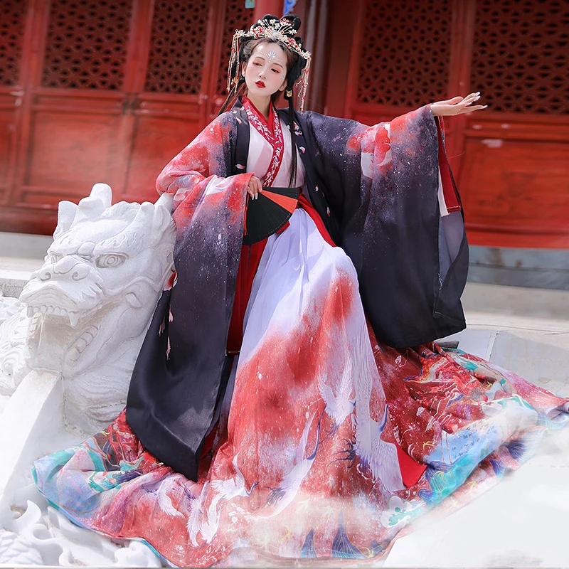 Chinese Style Hanfu Red Purple White Cosplay Costumes Dresses For Woman Stage Wear Folk Dance Robe Cross-Ccollar Graduation