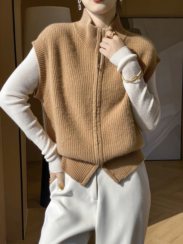 Осень-зима 2024 новая водолазка кардиган из чистой шерсти женский свободный жилет