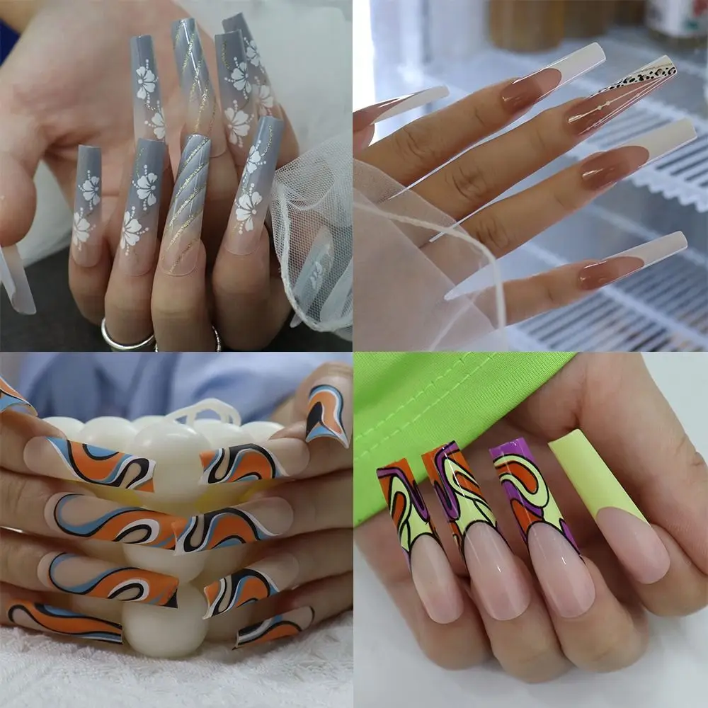 

24pcs Nail Tips Full Cover Detachable Stripe Pattern Fake Nails False Nails Leopard Long Ballerina