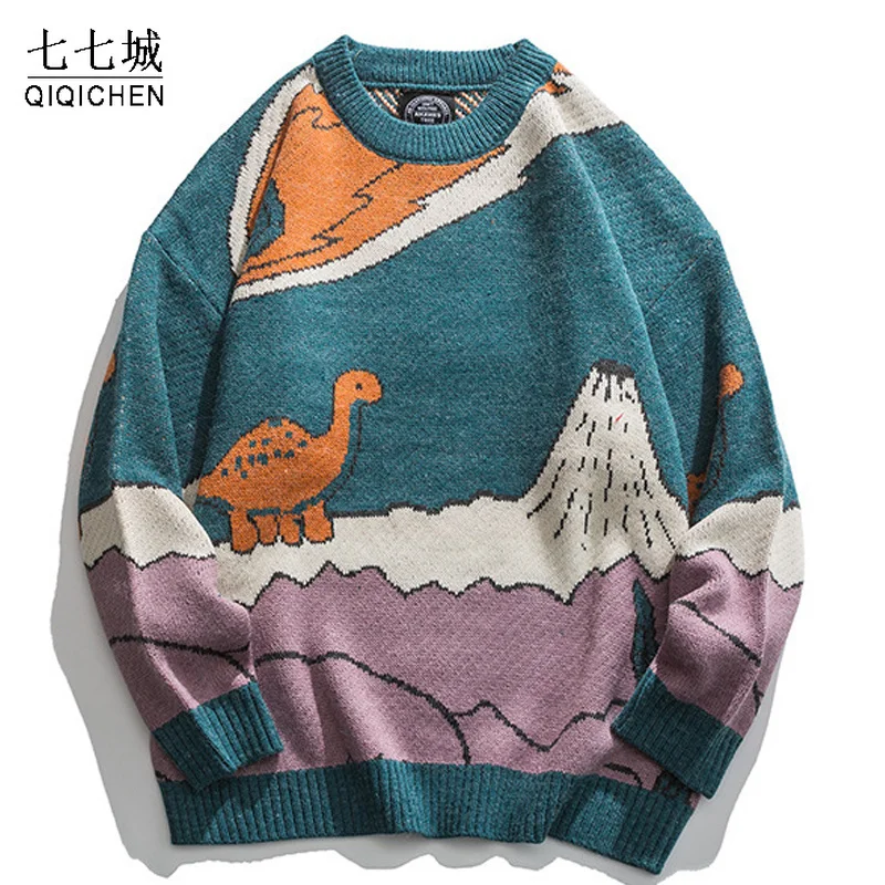 

arajuku Cartoon Little Dinosaur Knitted Sweater Men Winter Sweater Women Vintae Pullover Casual Japanese Streetwear Unisex