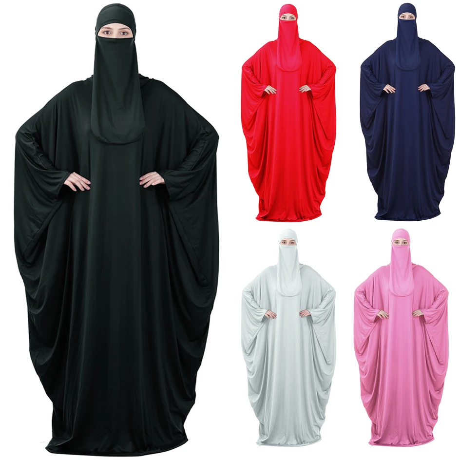 Muslim Women Jilbab One-piece Prayer Dress Hooded Abaya Islamic Clothing Dubai Saudi Black Robe Turkish Modesty Burqa