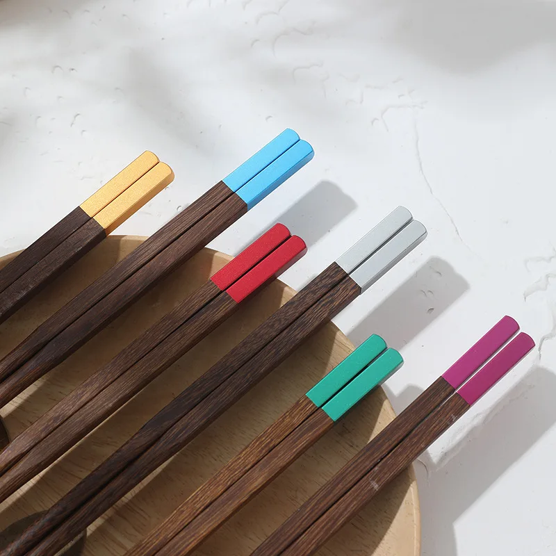 

5 пар в наборе, китайские деревянные палочки для еды, посуда, палочки для еды, 6 цветов, металлическая головка, домашние палочки для еды суши, г...