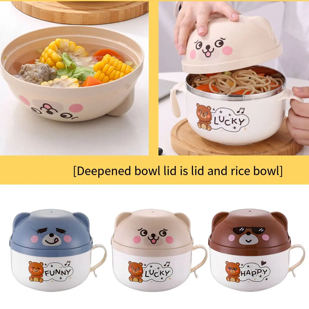 

Cartoon Instant Noodle Bowl Stainless Steel Cup with Lid Tableware Mug Leak-proof Rice Soup Lunch Box for Dorm Room