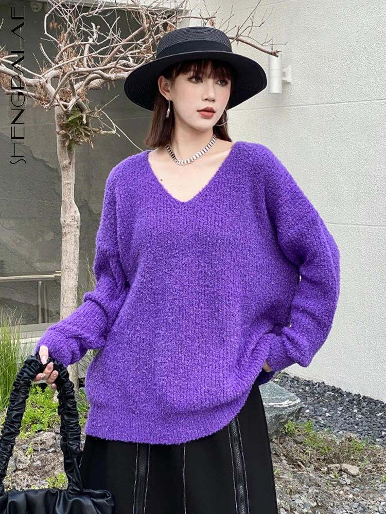 

Женский фиолетовый свитер SHENGPALAE с v-образным вырезом, Осень-зима 2022, корейская мода, свободная верхняя одежда с длинным рукавом, трикотаж 5R166