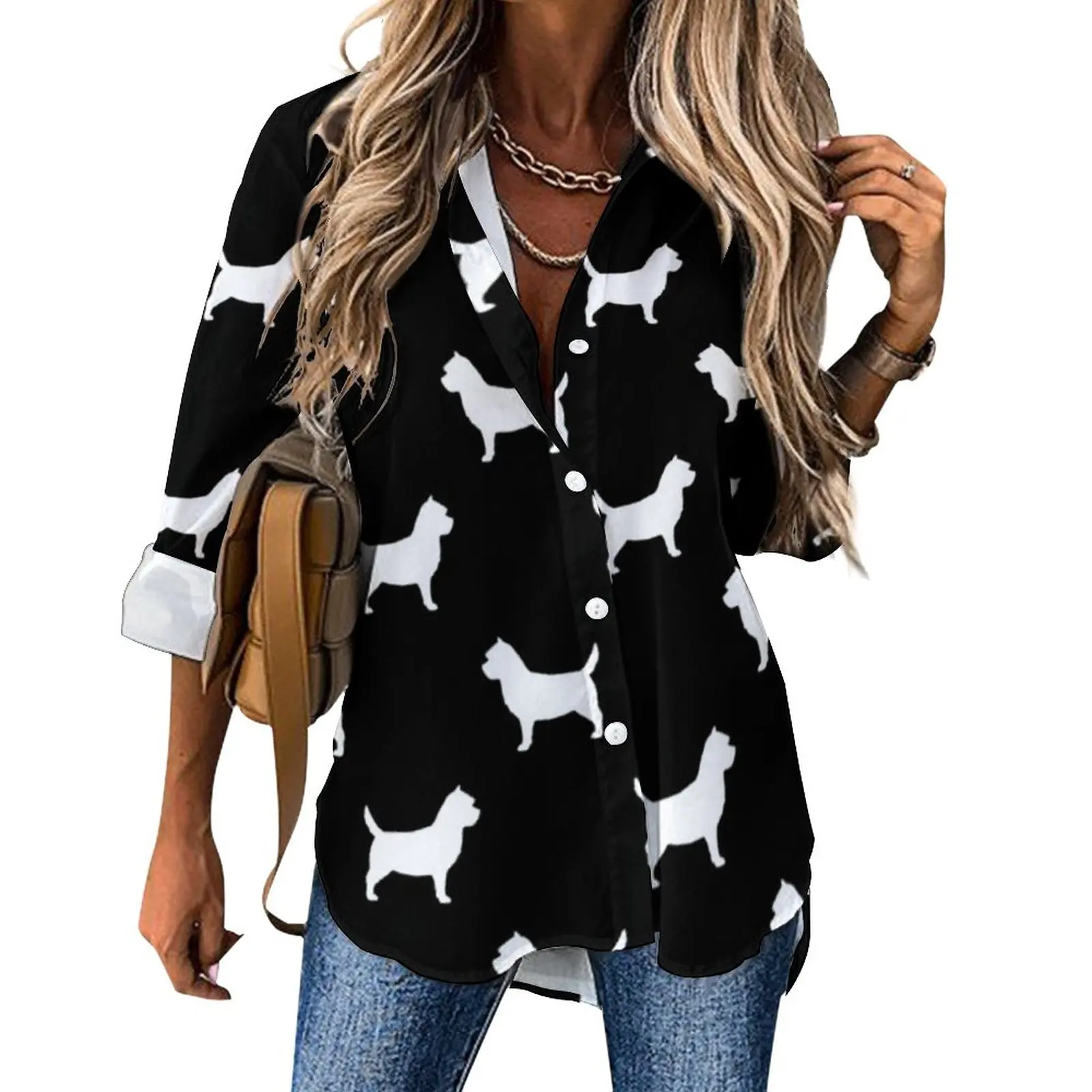 

Женская блузка с длинным рукавом, белая Повседневная блузка большого размера с принтом собаки