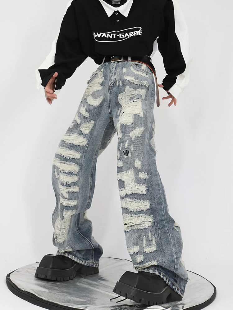 ZCSMLL Vintage Niche Men Jeans High Street Loose Straight  Wide Leg Pants American Fashion Hole Design Male Trousers L55