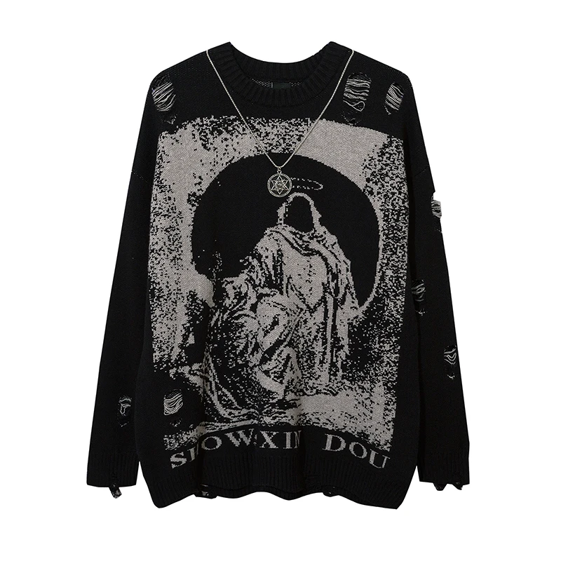 

Women Streetwear Hip Hop Destroyed Hole Ripped Pullovers Jumper Oversized Men Harajuku Priest Salvation Printed Knitwears