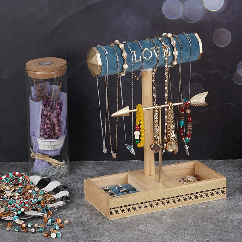 Jewelry Holder Stand, Metal & Wood Necklaces Holder, Jewelry Tree For Necklaces Bracelet Earrings And Ring