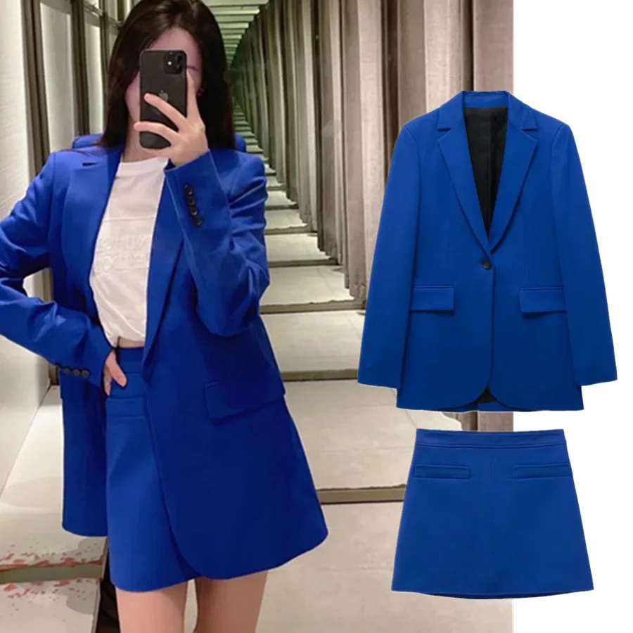 

Dave&Di 2022 England Style Fashion Blogger Vintage Klein Blue Loose Casual Blazers Women High Waist A-line Sexy Mini Skirt Sets