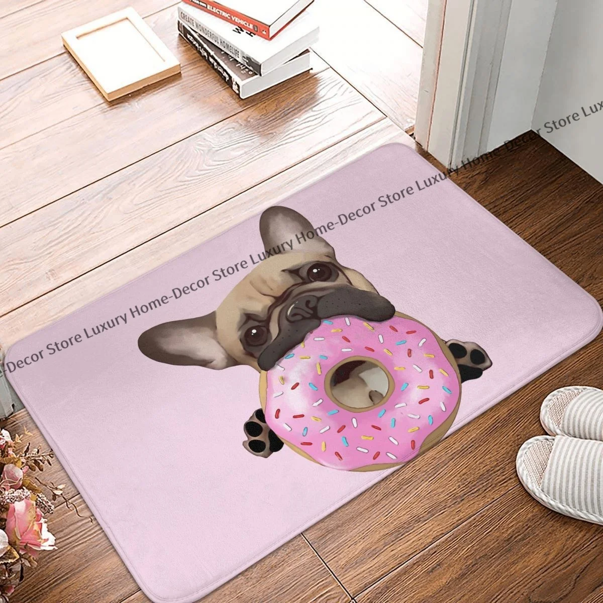 

French Bulldog Non-slip Doormat Lovers Sweet Pink Donuts Bath Bedroom Mat Welcome Carpet Indoor Pattern Decor