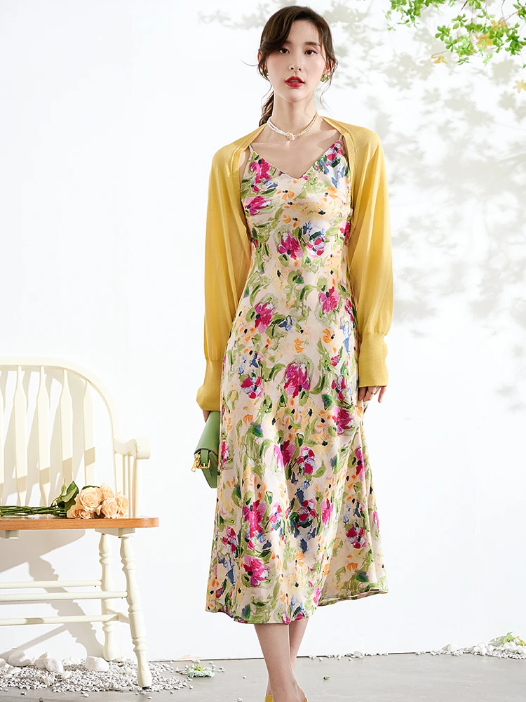 

Женское платье-комбинация с принтом QINGZIYOU, летнее повседневное облегающее шелковое атласное ацетатное платье с V-образным вырезом