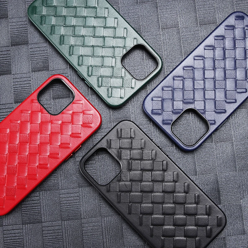 

4Color For iPhone 11 12 Pro Mini Max Real Natural Lambskin Genuine Leather Phone Case Sheepskin Cover Cross Weaving Metal Button
