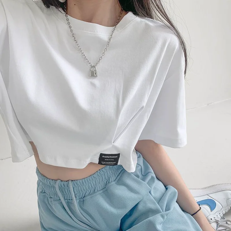 

Summer Pleated Label Crop Top Women Hip Hop New High Waist Dance Round Neck Loose Short Sleeve T-shirts Femme
