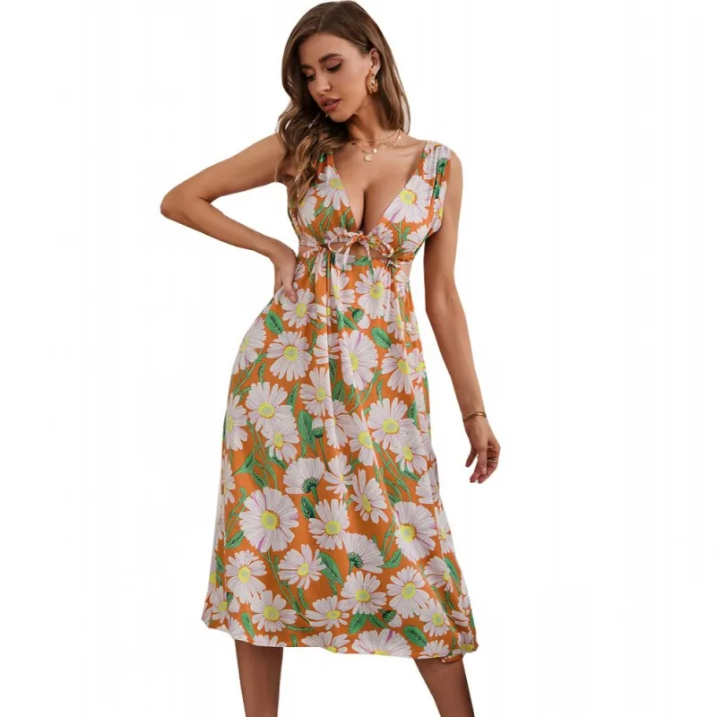 

Floral Print Dress Women Lace Up Backless Sleeveless High Waist Robes Fashion New Elegant Sexy Casual Homewear Long Dress Summer