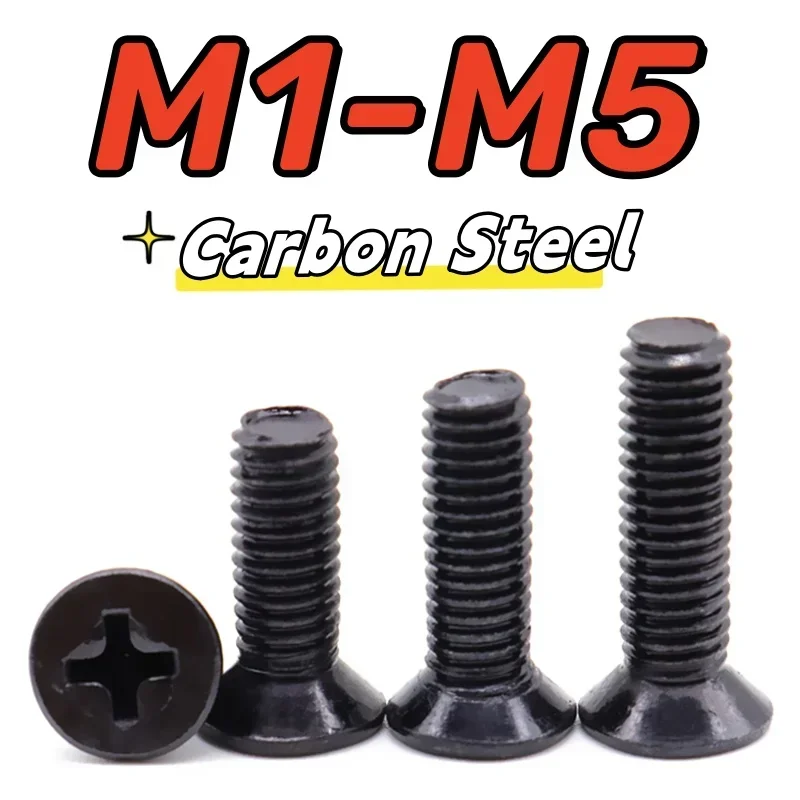 

M1 M1.2 M1.4 M1.6 M1.7 M2 M2.5 M3 M3.5 M4 M5 Черный болт из углеродистой стали Phillips с плоской потайной головкой и крестообразным шлицем