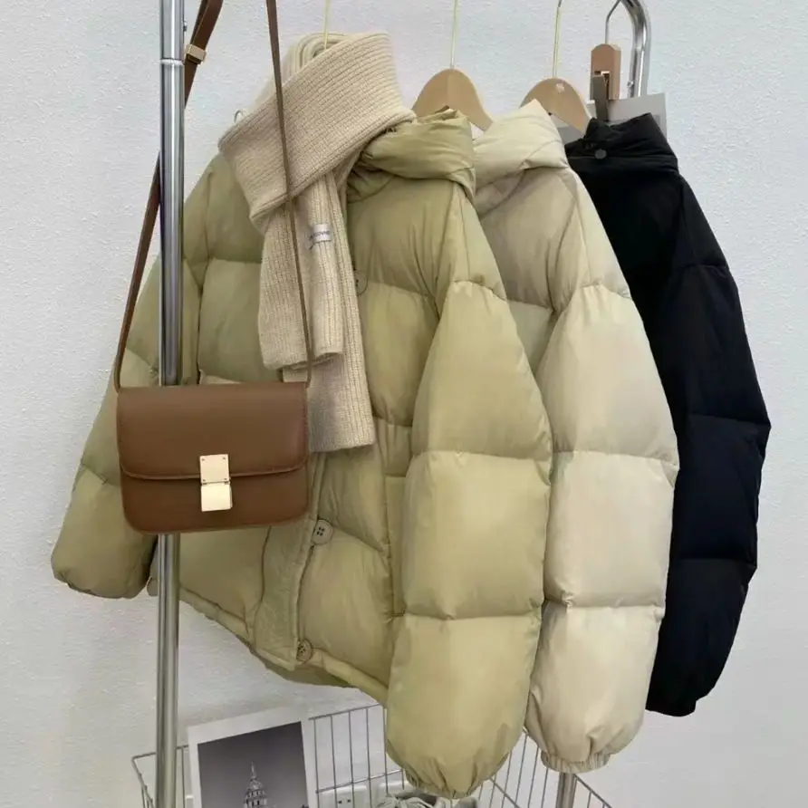 Women White Duck Down Jacket with Hood Autumn Winter Warm Buttons Outwear Casual Korean Style Coat 2023 New Light Down M36