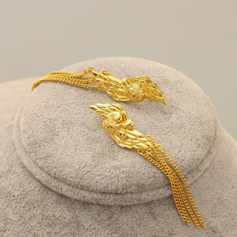 

New Electroplating Vintage Face Embossed Wings Tassel Women's Earrings