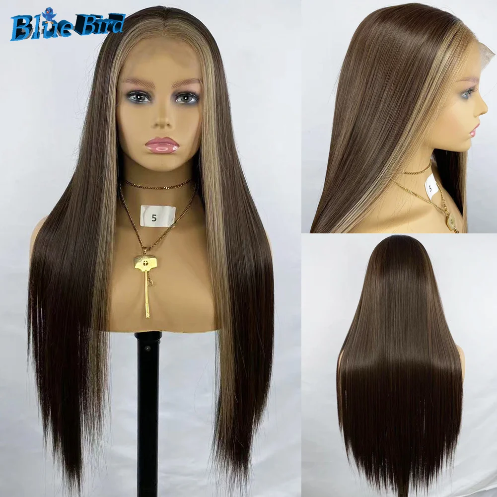 BlueBird Long Brown Balayage Silky Straight Wigs For Women Futura Hair 13x4 Glueless Synthetic Half Hand Tied Wig Daily Used