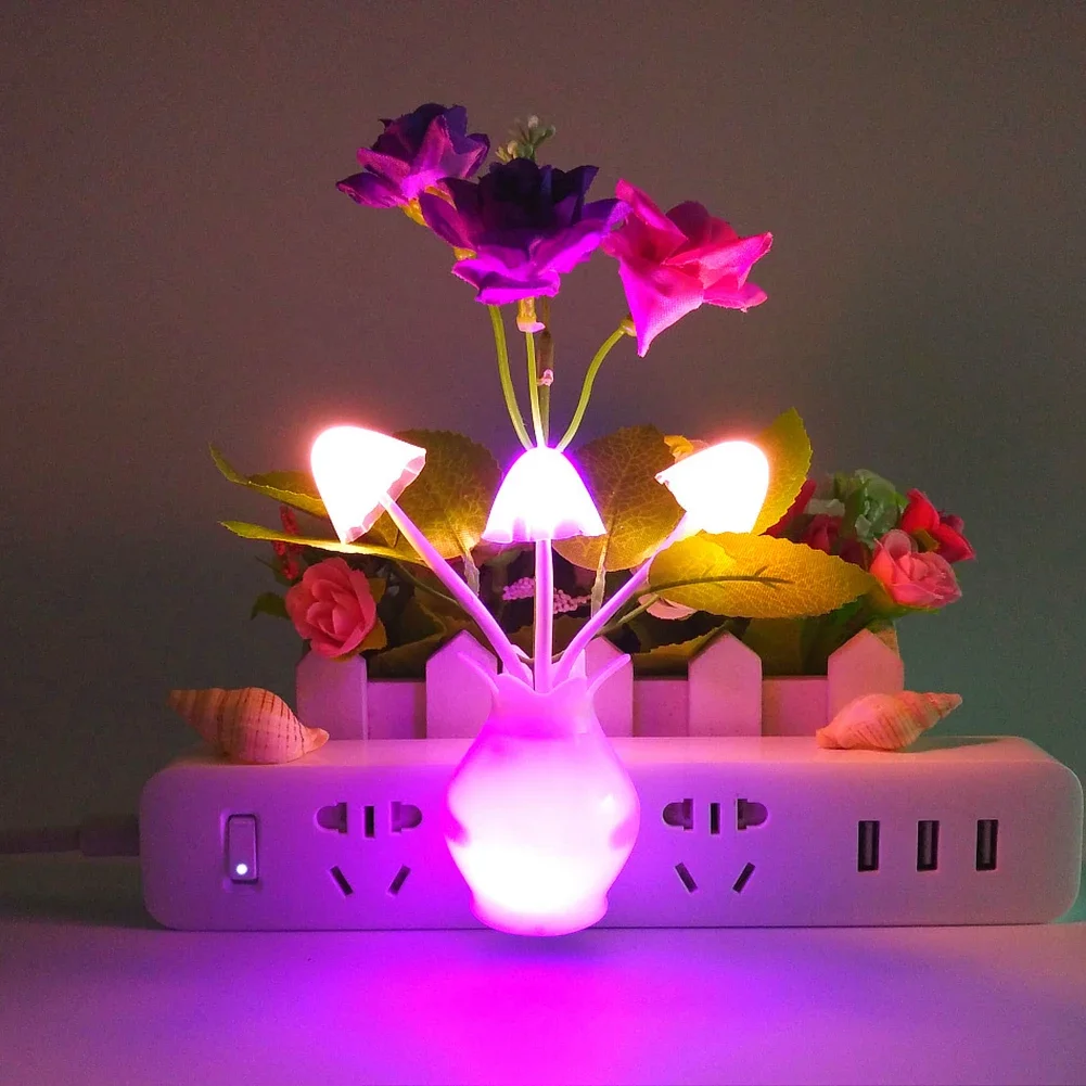 0.5W LED Night Light With Auto Sensor Energy Saving Rose Flower Mushroom Plug In Lamp For Bedroom Bathroom Living Room Kitchen
