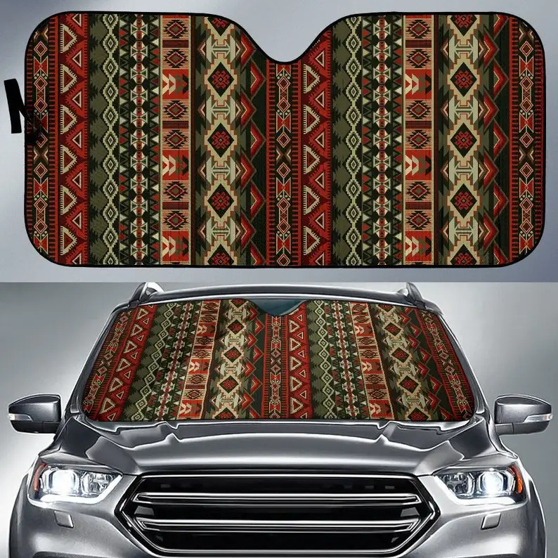 

Red Brown Boho Chic Bohemian Aztec Stripes Car Windshield Sun Shade, Visor, Car Accessories