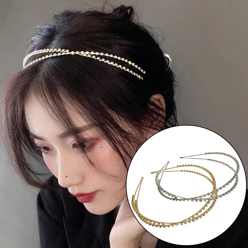 

Luxury Rhinestone Headband Cross Thin Hairband Bling Crystal Hair Hoop Gold Silver Metal Head Hoop Hair Accessories