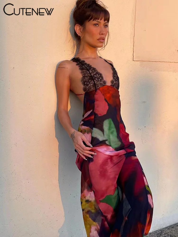 

Cutenew женское весеннее Элегантное макси-платье с принтом 2023 сексуальные кружевные лоскутные платья без рукавов с открытой спиной Одежда для отпуска Vestidos