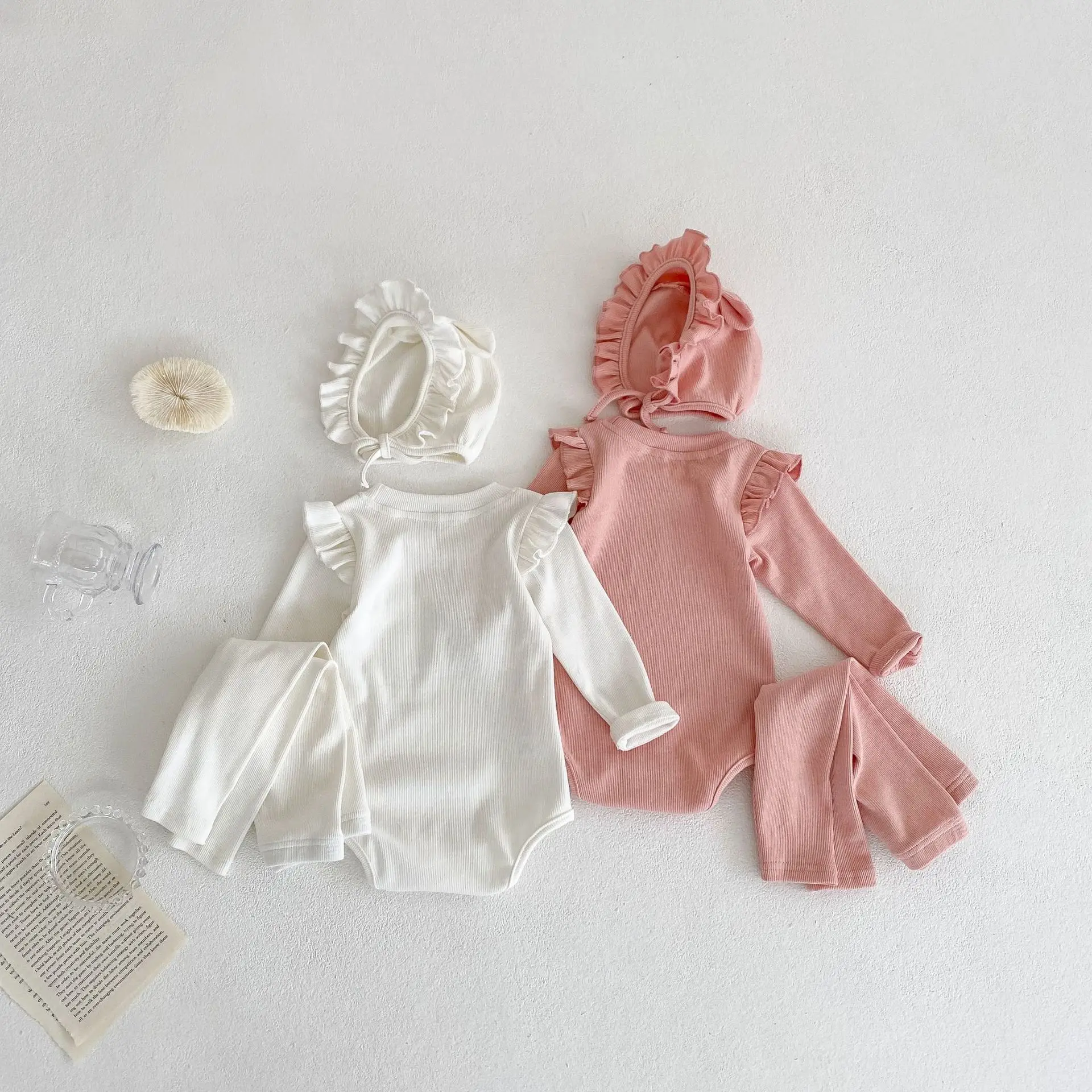 6-24M Baby Girl Ribbed Ruffle Romper Newborn Long Sleeve Jumpsuit Pants Hat Girls Sunsuit Outfit 3pcs Baby Autumn Clothing