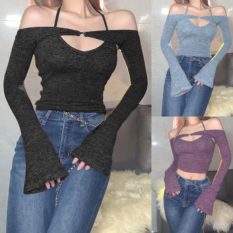 

Women Sexy Top Ladies Hollow Out Patchwork Flare Long Sleeve T-Shirts V-Neck Halter Off Shoulder Tops Girls Tanks Crop Top New