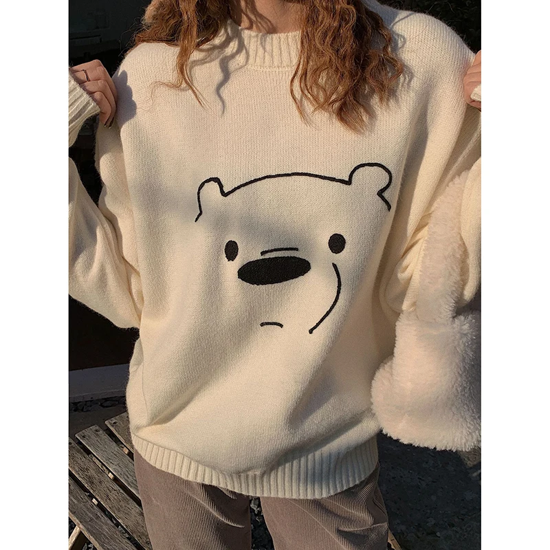 

Bear Pullovers Women Round Neck Full Sleeve Loose Cute Sweaters Women 2022 Spring Korean Fashion Kawaii Knitwear Female Y1002