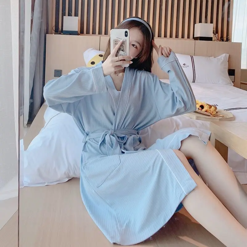 Pajamas Women's Spring and Autumn Pure Cotton Long-sleeved Bathrobe Sweet Casual Simple Nightgown Can Wear Home Clothes