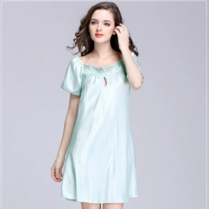 

Ice Silk Nightdress Women's Summer Satin Sexy Short Sleeve Lace Erotic Femme Home Sleeping Clothes M-4XL